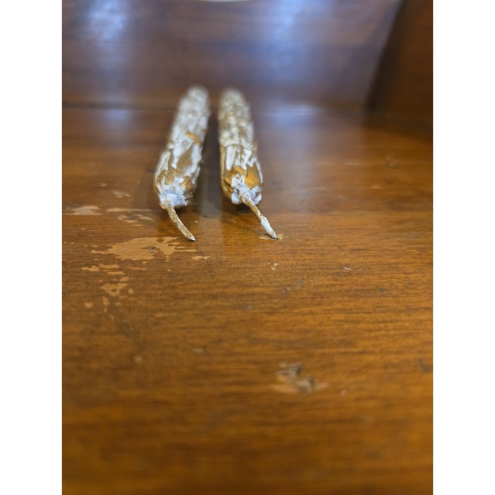 Pair VTG Mid Century 12" Faux Melting Wooden Taper Candles Gold/White Drippy - Picture 7 of 7